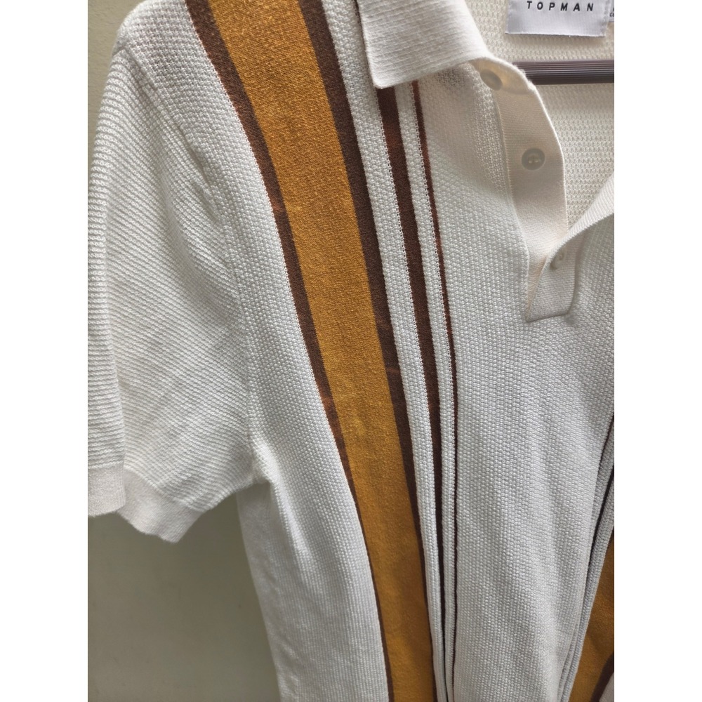 Topman Mens White Knit Polo Shirt Mustard Brown Vertical Stripe Retro Size M - Picture 3 of 8